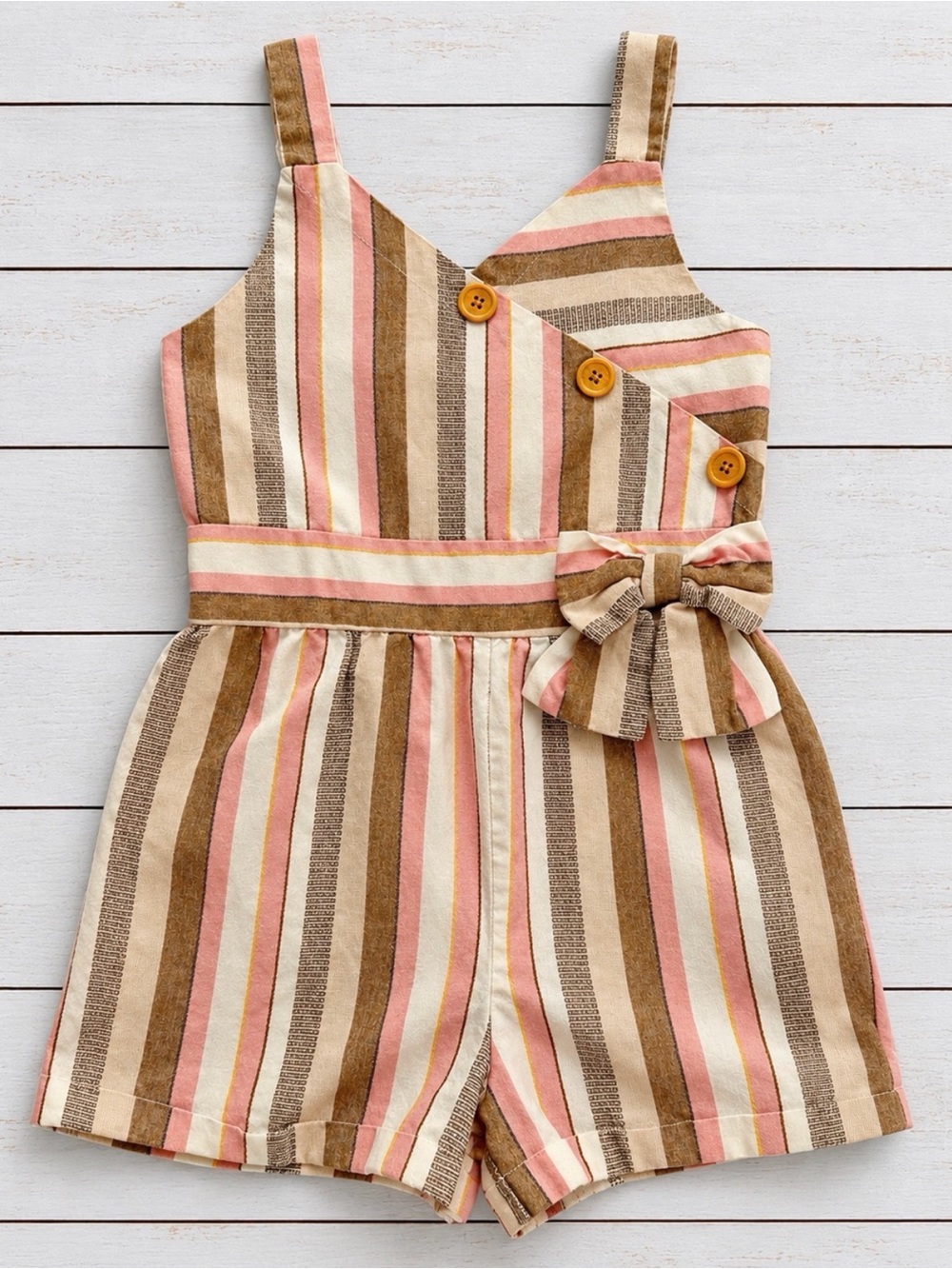 Bonnie Jean Girls Size 14 Striped Linen Blend Romper Bow Detail Pink Tan Cream